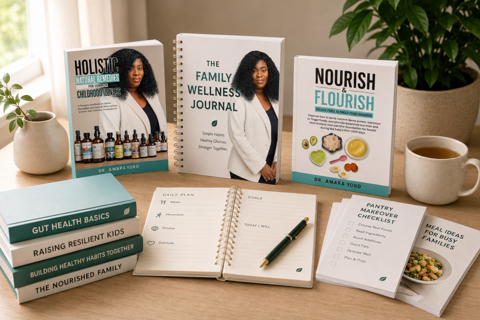 Dr. Amara Yoro's handbooks, family wellness journal, and printable guides